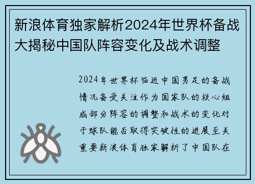 新浪体育独家解析2024年世界杯备战大揭秘中国队阵容变化及战术调整